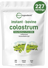 Micro Ingredients frente del paquete de polvo de calostro mostrando marca y tamaño