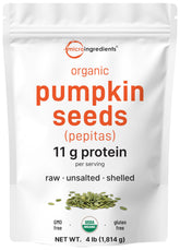 Micro Ingredients paquete frontal de pepitas orgánicas mostrando 4 lb y sello orgánico
