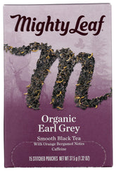 Mighty Leaf embalaje frontal mostrando caja de 15 bolsitas, beneficio claridad de etiqueta