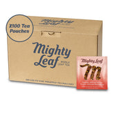 Mighty Leaf empaque frontal mostrando 100 bolsitas y beneficio de conservación