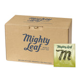 Mighty Leaf empaque frontal mostrando caja y 100 bolsitas, beneficio: almacenamiento práctico