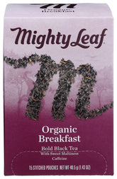 Mighty Leaf vista frontal de la caja con 15 bolsitas, presentación clara y elegante