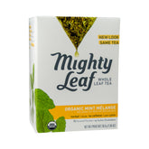 Mighty Leaf empaque frontal mostrando saquitos piramidales y beneficios orgánicos