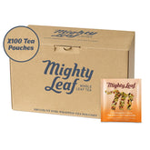 Mighty Leaf paquete frontal mostrando 100 bolsitas, conveniencia para consumo diario