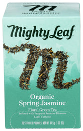 Mighty Leaf frontal del paquete con diseño y sello orgánico, muestra calidad
