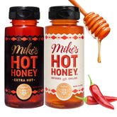 Mike's Hot Honey frontal mostrando ambas botellas y beneficio de versatilidad