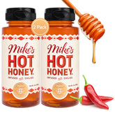Mike's Hot Honey frente del pack dos botellas, conveniente y listo para usar