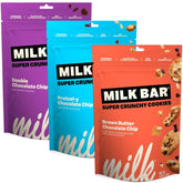 Milk Bar vista frontal del paquete variado que muestra las tres bolsas y el diseño