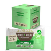 Miracle Noodle vista frontal del empaque que muestra el pack de seis y conveniencia