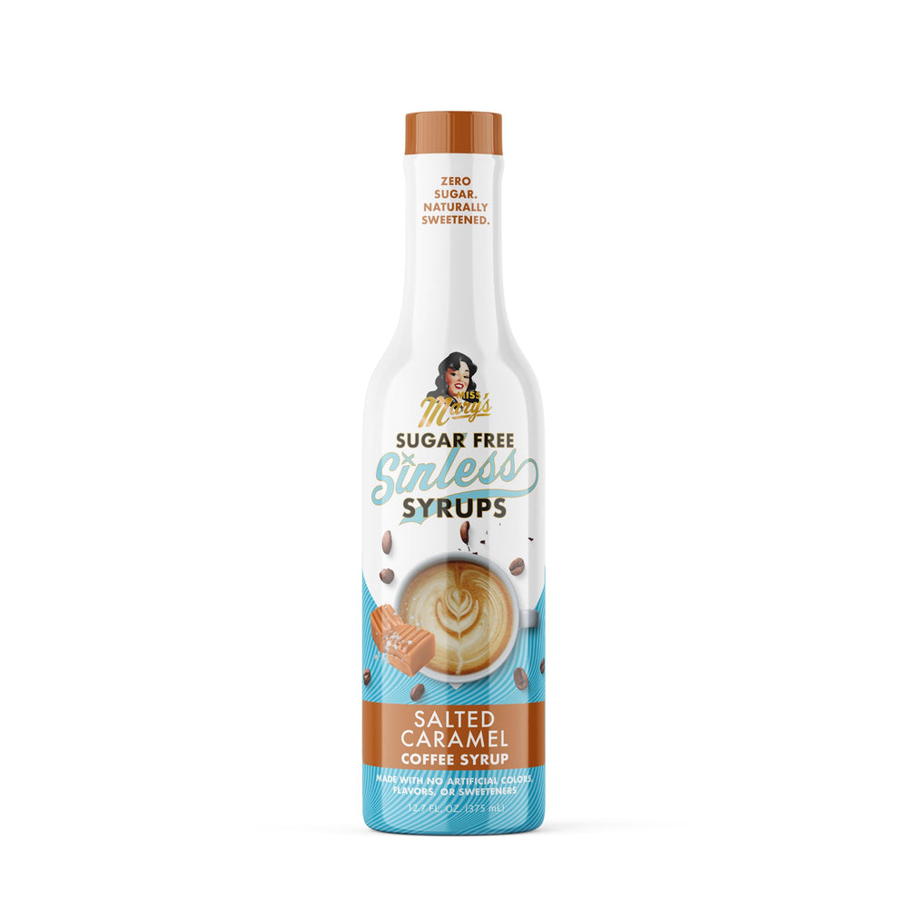 Miss Mary's botella frontal de caramelo salado mostrando etiqueta clara y tamaño