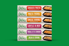Miss Olive's etiqueta con ingredientes y menor sodio, mostrando información clara