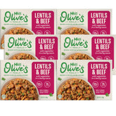 Miss Olive's paquete frontal mostrando lentejas y res, conveniencia al instante