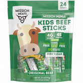 Mission Meats empaque frontal mostrando caja de 24 unidades y beneficio de snack sin azúcar