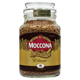 Moccona frasco frontal mostrando etiqueta y vidrio, conserva frescura