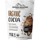 MODERN MOUNTAIN paquete frontal de cacao orgánico 8 oz mostrando marca y diseño