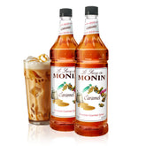 Monin jarabe caramelo frontal pack de 2 botellas mostrando presentación profesional y sabor consistente