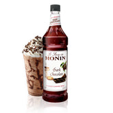 Monin botella frontal de chocolate negro, presentación y uso práctico
