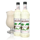 Monin botella frontal de coconut syrup mostrando etiqueta y capacidad 1L