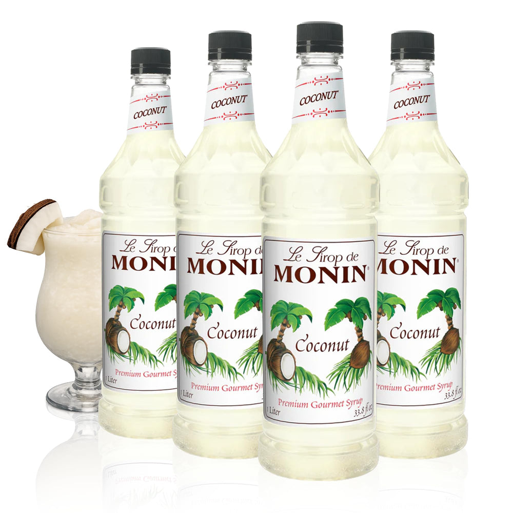 Monin envase frontal de jarabe de coco mostrando etiqueta y tamaño