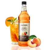 Monin sirope de durazno 1L mostrando la botella frontal y beneficio de uso profesional