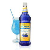 Monin frambuesa azul botella frontal mostrando color vibrante y uso fácil