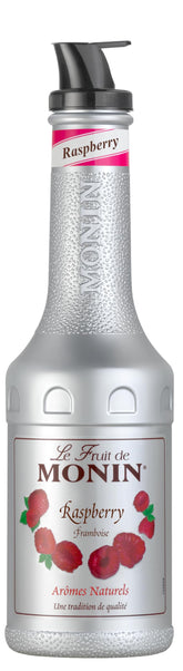 Monin frambuesa botella frontal mostrando etiqueta y medida útil