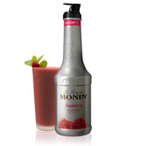Monin puré de frambuesa botella frontal mostrando presentación 1 L y fácil uso
