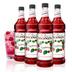 Monin botella de frambuesa al frente, color intenso y aroma realzado