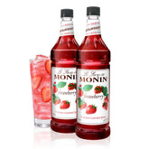 Monin sirope de fresa frente pack mostrando botellas para uso continuo