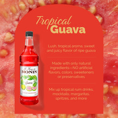 Monin guava botella 1 litro junto a vasos para comparar tamaño y uso