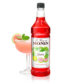 Monin guava botella frontal mostrando color y diseño, ideal para bares