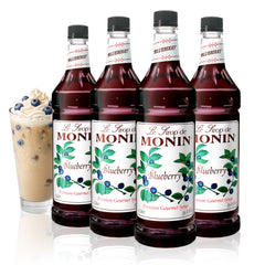 Monin jarabe de arándano vista frontal con botella y color intenso