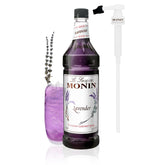 Monin jarabe de lavanda frente de la botella mostrando etiqueta y color