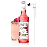 Monin jarabe de rosa frontal con caja, presenta etiqueta clara y elegante