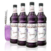 Monin botella frontal mostrando etiqueta lavanda y aspecto premium para mezclas