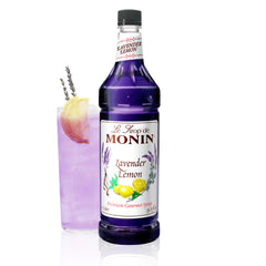Monin botella frontal 1 L mostrando jarabe lavanda limón y marca