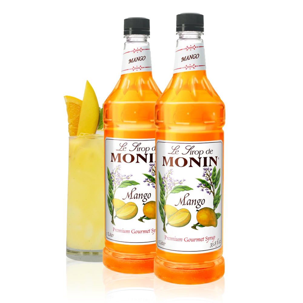 Monin jarabe de mango frontal pack mostrando botellas y etiqueta, conveniencia profesional