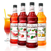 Monin pack frontal con cuatro botellas, muestra variedad y ahorro