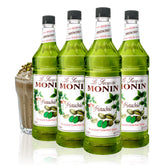 Monin jarabe de pistacho pack frontal mostrando 4 botellas, almacenamiento eficiente