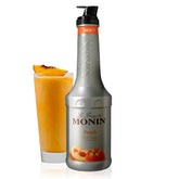 Monin puré de durazno frente de botella mostrando presentación 1 L y uso profesional