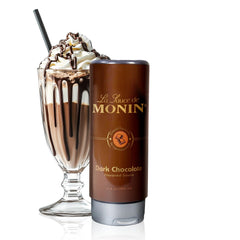 Monin botella frontal de salsa de chocolate, presenta control de porción y sabor