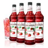 Monin botella de fresa frontal mostrando etiqueta clara y uso profesional