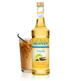 Monin botella frontal de vainilla sin azúcar mostrando diseño y capacidad 750 ml, fácil dosificar