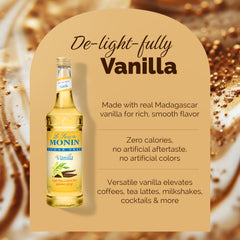 Monin jarabe de vainilla en cuchara mostrando textura lisa, mezcla homogénea en bebidas