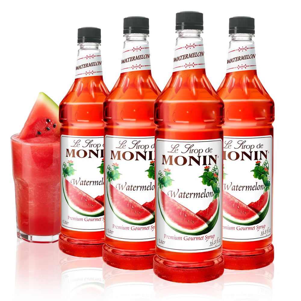 Monin botella frontal mostrando etiqueta y beneficio de sabor auténtico