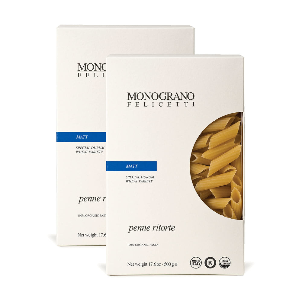 Monograno Felicetti penne ritorte frontal mostrando paquete y origen