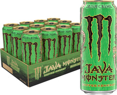 Monster Java Irish Crème lata de frente mostrando diseño y beneficio energizante