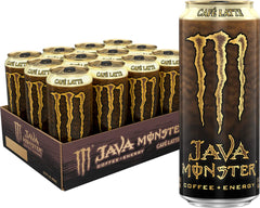 Monster Java Monster Café Latte lata frontal mostrando diseño y tamaño conveniente