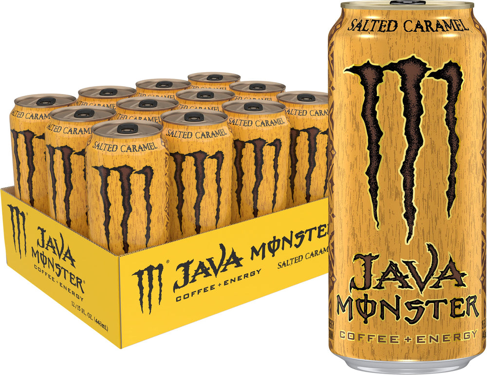Lata Monster Java Salted Caramel vista frontal mostrando diseño dorado y logotipo Monster