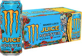 Monster Mango Loco frontal mostrando etiqueta festiva y sabor mango